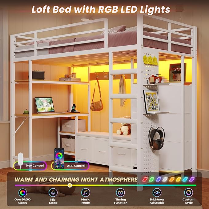 DICTAC Twin Loft Bed with 6 Storage Drawers,Coat Rack and Open Shelves Metal Twin Size Loft Bed with Desk,Charging Station and LED Light,loft beds with Large Pegboard,Stairs and Safety Guardrail,White