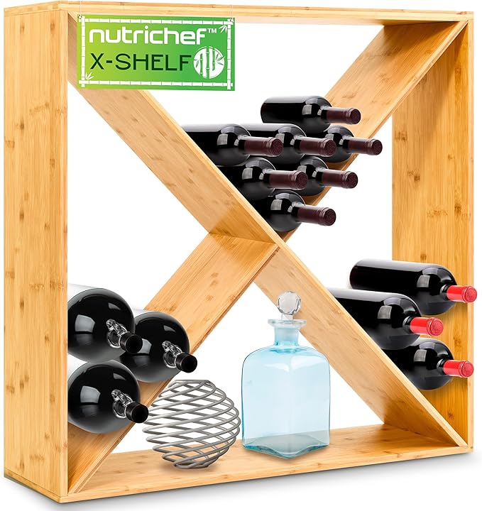 Nutrichef X Self Oversize Stackable Modular Wine Rack, Fits Up to 84 Standard Size Bottles Compatible and Stackable w/All Wine Racks - Bamboo Construction with Anti Moisture Protective Finish