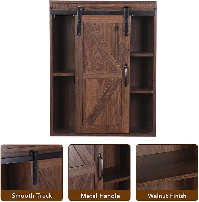 RUSTOWN Farmhouse Wood Wall Storage Bathroom Cabinet with Sliding Barn Door, Rustic Medicine Cabinet with Adjustable Shelf, 3-Tier Vintage Cabinet for Kitchen Dining, Bathroom, Living Room (Walnut)