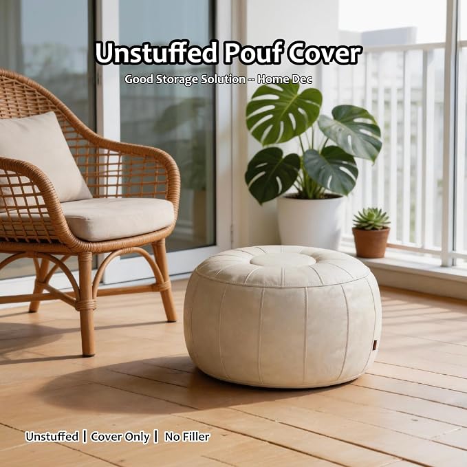 Thgonwid Unstuffed Moroccan Storage Pouf Foot Stool Ottoman Seat, No Filler Included, Handmade Faux Leather Bean Bag Floor Chair Foot Rest for Living Room, Bedroom or Balcony, Ivory White