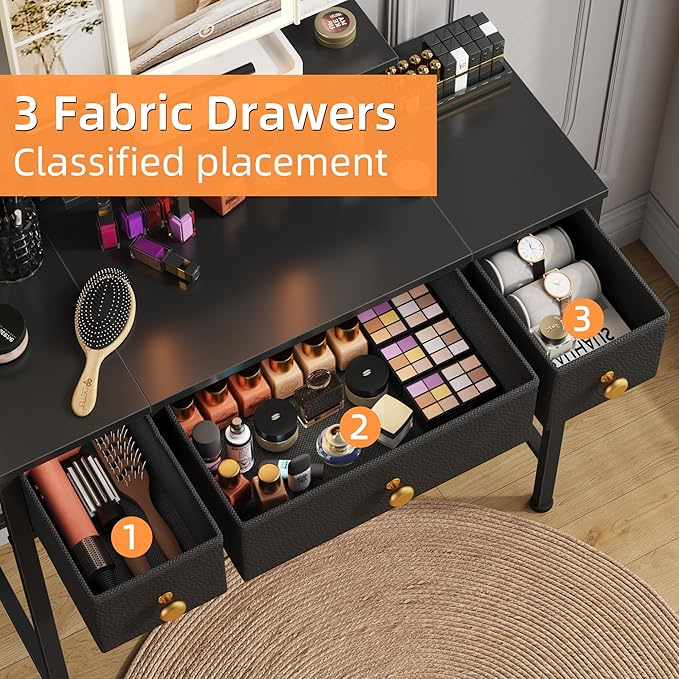 HIGDBFE Small Makeup Vanity Desk 27.5''W with Mirror and Lights, Vanity Desk with 3 Fabric Drawers and Height-Adjustable Stand, Vanity Table for Girls Gifts, Bedroom and Small Spaces, Black