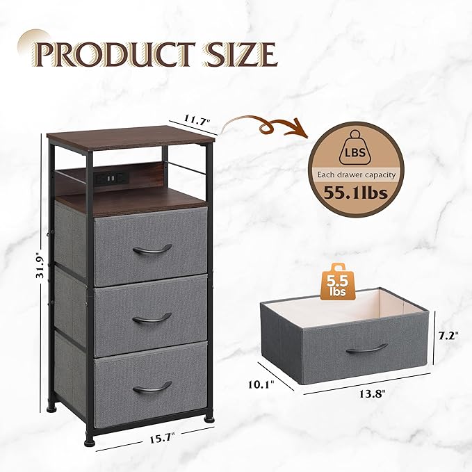 WLIVE Nightstand with Charging Station, 31.9" H Nightstand with 3 Fabric Drawers, LED Bedside Table with USB Ports and Outlets, End Table for Bedroom, Dorm, Entryway, Dark Grey
