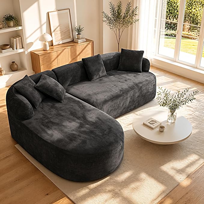 99" Curved Sectional Sofa with Chaise, Modern Boneless Couch with Deep Seat, L Shaped 3-Seater Cloud Couch for Living Room, No Assembly Needed, Chenille (Black, Left Chaise+Right Sofa)