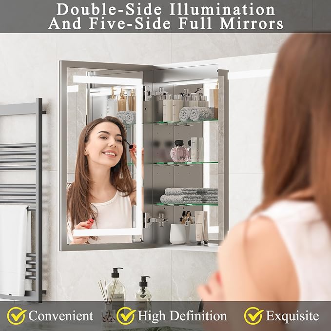 Double-Side LED Medicine Cabinet Mirror for Bathroom, Lighted Medicine Cabinet with 5 Mirrors, Interior Sensor Light, Dimmable, Anti-Fog, Outlets, Recessed or Wall Mount Aluminum Mirror Cabinet, 34x28