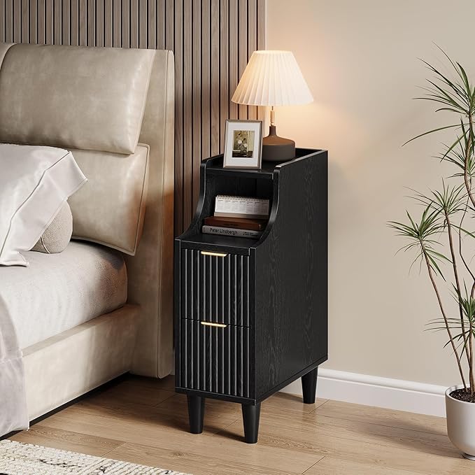 Fluted Nightstands Set of 2,Narrow Bedside Table with 2 Drawers & Storage, Farmhouse Walnut End Table Modern Side Table for Bedroom Livingroom Sofa Office, Small Space