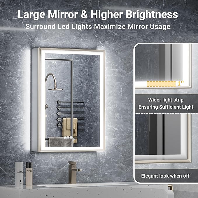 20x32 Lighted Medicine Cabinet, Beveled Brushed Nickel Framed Surface or Recessed Fogless Dimmable LED Medicine Cabinet with Mirror, Outlet, Time Display and Sensor Inner Light
