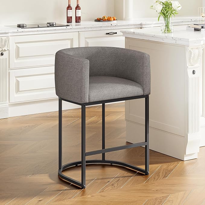 26" H Counter Height Bar Stools Set of 1, Modern Barrel Counter Stools with Backrest and Arms, Linen Fabric Upholstered Accent Barstools for Kitchen Island,Support 450 LBS (Gray)