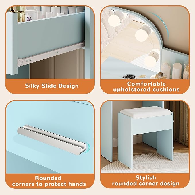 wanan Makeup Vanity with Chair, Small Vanity Desk with Mirror and Lights 3 Colors, Girls Vanity Set with Power Outlet, Compact Vanity Table for Small Space, Sky Blue