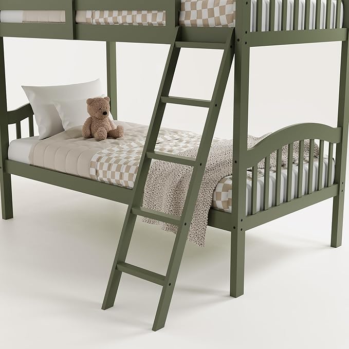Storkcraft Long Horn Twin-Over-Twin Bunk Bed (Olive) - GREENGUARD Gold Certified, Converts to Two Twin Beds, Wood Bunk Bed for Kids Bedroom