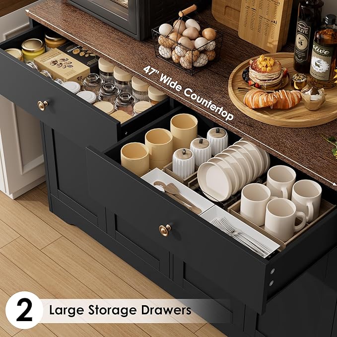 HIFIT 71" LED Kitchen Pantry Cabinet with Power Outlet, Large Kitchen Hutch Cabinet with 2 Storage Drawers & Arched Door, Countertop & Hooks, Tall China Bar for Dining Living Room (Black)