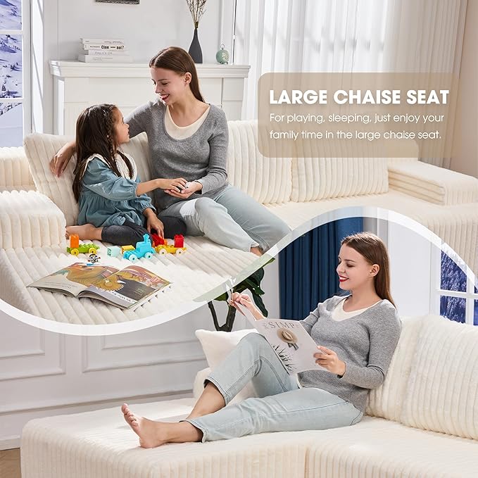 Hobestluk Modular Sectional Sofa Boneless Couch L-Shape Couch 3 Seat Modular Couch Memory Foam Sectional Couches for Living Room Furniture, Cloud Couch Lounge (White Stripe, 98" Left Facing Chaise)
