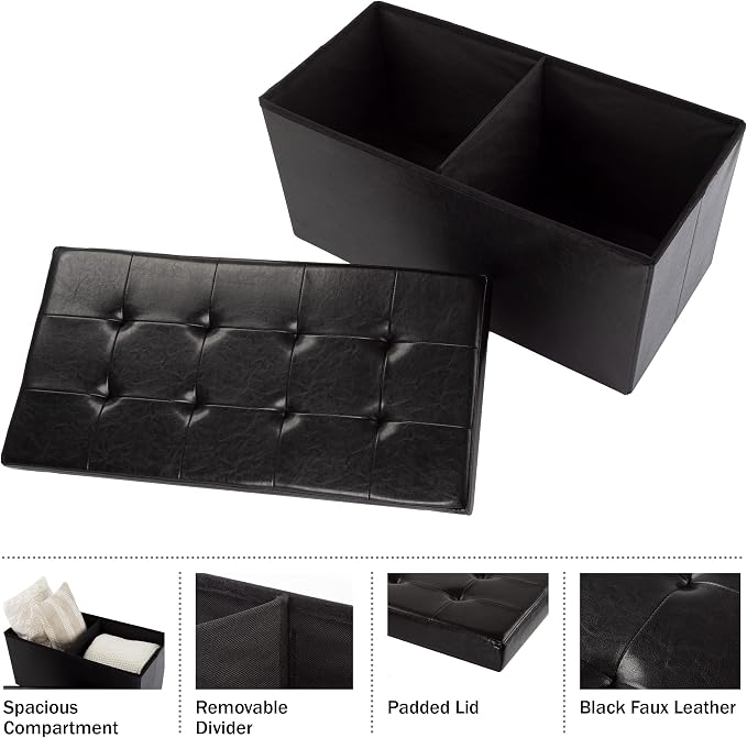 Storage Ottoman - 30-Inch Folding Faux Leather Footrest, Linen Chest, or Bench with Removable Bin for Living Room or Bedroom by Home-Complete (Black)