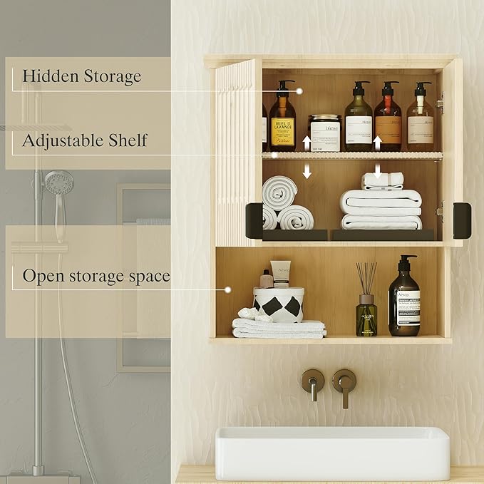 FLOWBACK Bathroom Wall Cabinet Over The Toilet Storage, 23.5×31.4 Inch Wall Mounted Medicine Cabinet with Adjustable Shelf and Door, Natural Wood Storage Cabinet for Laundry Room, Bedroom Kitchen