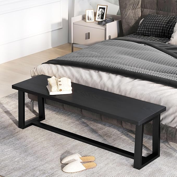 Giantex 56.5" L Wood Dining Bench, Industrial Table Bench w Metal Frame, Adjustable Footpads, 440LBS Load Capacity, Farmhouse Bench for Kitchen, Dining, Living Room, Entryway (Black, Rectangular)