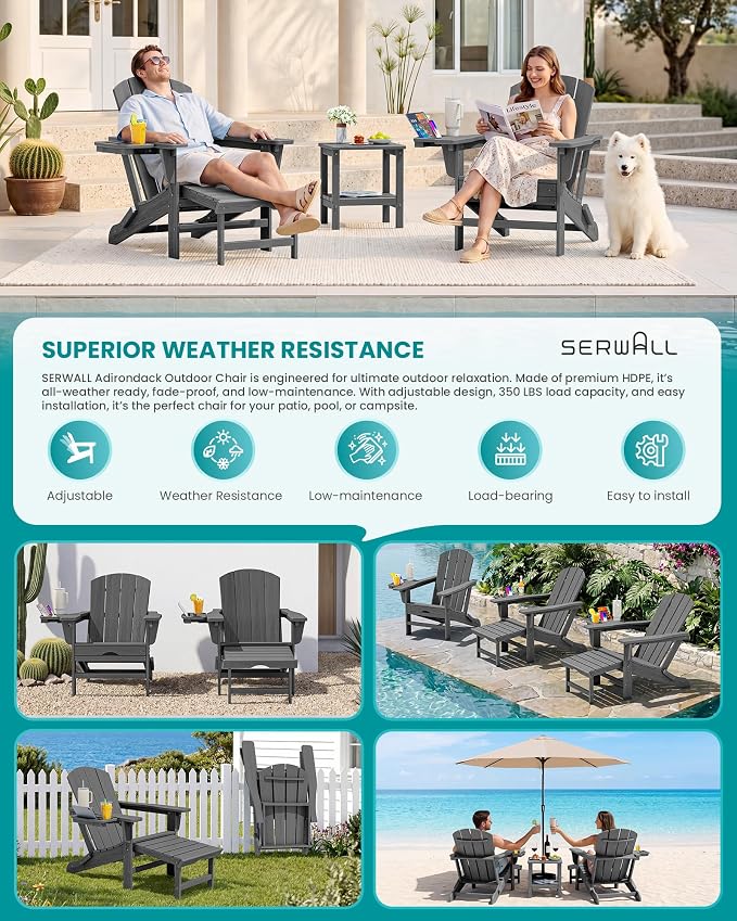 SERWALL Folding Adjustable Adirondack Chairs with Footrest Set of 2, HDPE Outdoor Chair with 4-in-1 Cup Holders, All Weather Adirondack Chair with Ottoman, Gray