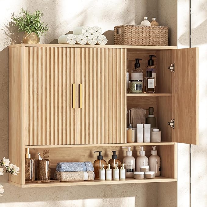 Vabches Bathroom Wall Cabinet, 3-Door Fluted Wooden Wall Cabinet with Open Shelf, Oak Color Wall Cabinet for Bathroom Storage for Bathroom, Kitchen, Laundry Room
