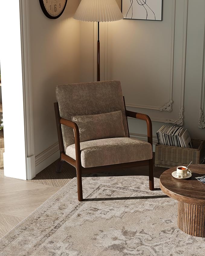 Garvee Mid-Century Modern Accent Chair, Wide-Wale Corduroy Upholstery, Solid Wood Armchair with Removable Lumbar Pillow, Sturdy Reading Chair for Living Room, Bedroom, Guest Room, Easy Assembly, Brown