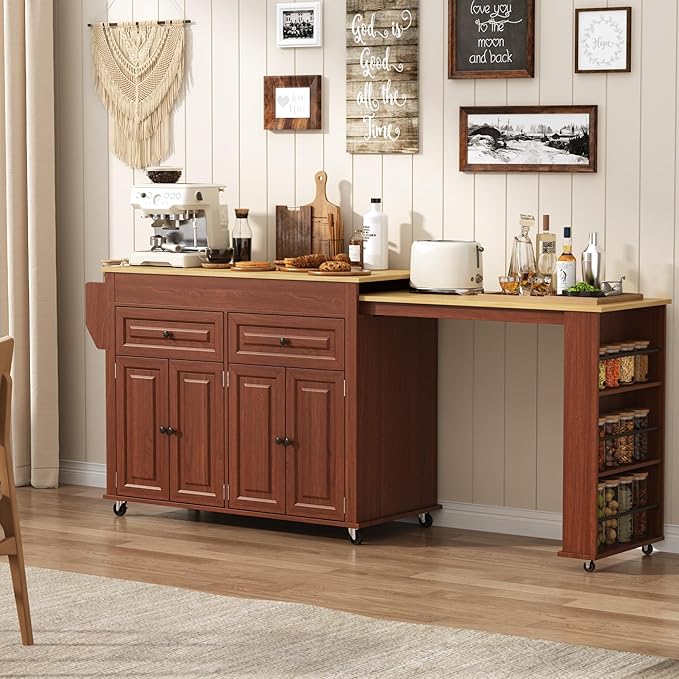 80"-48" Extendable Kitchen Island with Extended Dining Table and Power Outlet,Large Mobile Kitchen Storage Islands with 2 Storage Drawers,Rolling Islands Cart with 3 Extra Rows Open Shelves(Brown)
