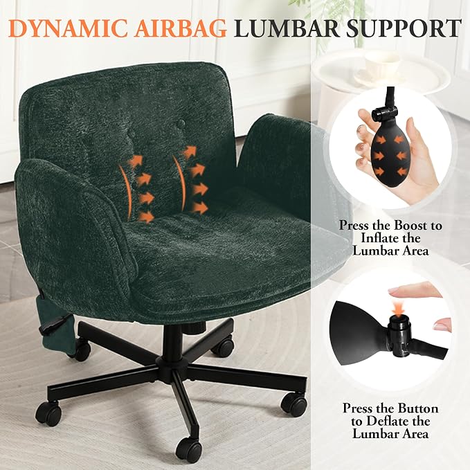 Criss Cross Chair with Lumbar Airbag & Folding Arms Relieve Back Pain, Wide Cross Legged Office Chair for Home Office, Comfy Swivel Desk Chair with Wheels, 5 Level Adjustable Armrest, Chenille(Green)