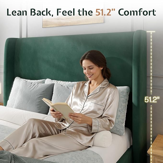 Jocisland Full Bed Frame 51.2" Wingback Headboard Velvet Upholstered Platform Bed,Solid Wood Legs & Wooden Slats,No Box Spring Needed,Noise-Free,for Teen Room Small Bedroom Cozy Home,Green