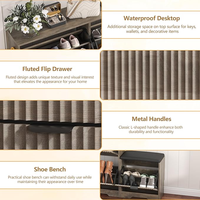HUANLEGO Shoe Cabinet Storage for Entryway with 4 Flip Drawers, Grey Fluted Shoe Cabinet with Bench, Wooden Hidden Shoe Rack Freestanding Narrow Slim Shoes Storage Organizer for Hallway, Entrance