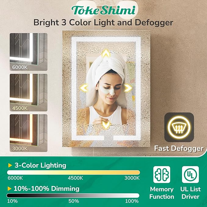 TokeShimi 48x32 Lighted Medicine Cabinet with Mirrored and Sockets, Anti-Fog Led Medicine Cabinet Mirror with Lights 3 Colors Dimmable, Frontlit Mirror with Storage Bathroom Vanity, Surface/Recessed