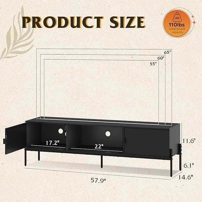WLIVE 58" TV Stand for 65 Inch TVs, Mid Century Modern Entertainment Center with 2 Storage Cabinets & Open Shelf, Media Console Table with Metal Legs for Living Room, Bedroom, Black
