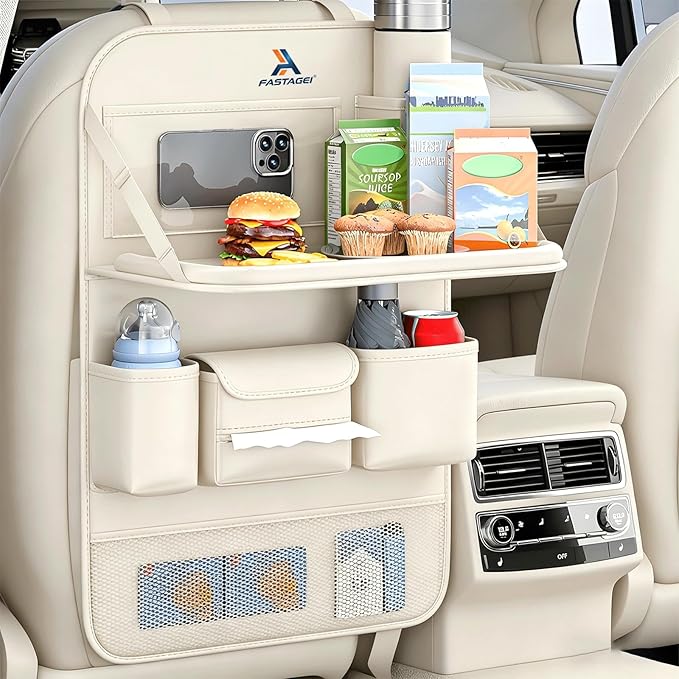Universal Foldable Car Backseat Organizer with Table Tray, Car Seat Back Protector with Touch Screen Phone Holder, Premium Leather Kick Mats with Storage Pockets Tissue Holder (Beige)
