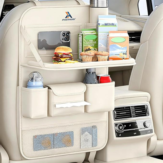 Universal Foldable Car Backseat Organizer with Table Tray, Car Seat Back Protector with Touch Screen Phone Holder, Premium Leather Kick Mats with Storage Pockets Tissue Holder (Beige)