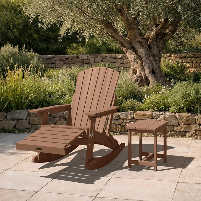 Adjustable Adirondack Rocking Chair Set of 2 with Retractable Ottoman Footrest, 4-in-1 Foldable HDPE Outdoor Rocker, Weather Resistant Adirondack Chair for Porch, Garden & Poolside, Teak