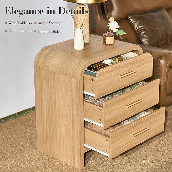 Farmhouse Nightstand Set of 2, 23.5" Curved Modern Night Stand with 3-Drawer, Bedside Table, End Table for Bedroom, Storage Cabinet Furniture, Oak