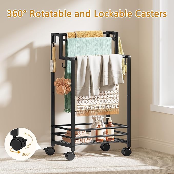 Gewudraw Free Standing Towel Rack, Pool Towel Rack, 4-Tier Blanket Stand with Shelf, Bathroom Towel Drying Rack with 4 Hooks, Rust-Resistant Drying Rack Indoor/Outdoor, Black