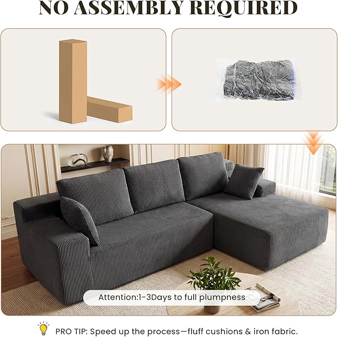 GRUSIGN Cloud Sectional Boneless Couches for Living Room, Modular L Shaped Couch with Deep Seat Oversized Right Facing Chaise, Memory Foam Compressed Spineless 3 Seater Sofa, Grey