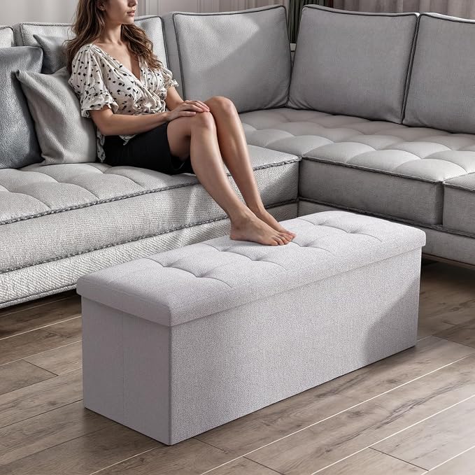 Magshion Folding Storage Ottoman Bench, 43 Inches Ottoman Foot Rest, Large End of Bed Bench, Storage Chest for Living Room, Entryway, Bedroom, 600 lbs Load Capacity, 15 x 43 x 15 Inches, Light Gray