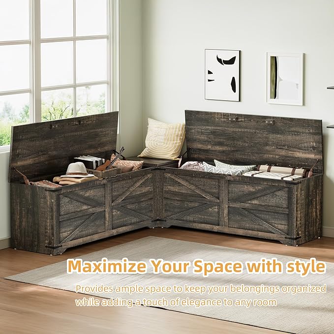 DWVO L-Shaped Storage Bench, 18" High Corner Dining Bench with Safety Hinges, Wooden Nook Chest for Living Room, Bedroom