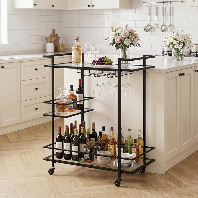 Black Bar Cart, 2-Tier Glass Shelves Rolling Serving Cart with Wheels, Modern Mobile Home Bar Trolley for Kitchen, Living Room, and Dining Room