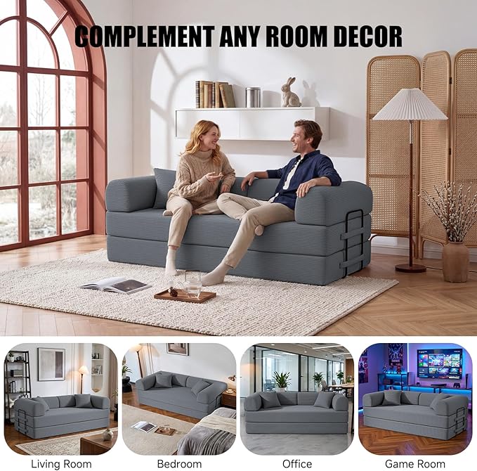 79” Compressed Sofa, 6-in-1 Convertible Sofa Bed, Corduroy Compression Boneless Couch in a Box, Comfy Modular Foldable Floor Sleeper Sofa for Bedroom, Living Room (Dark Gray)