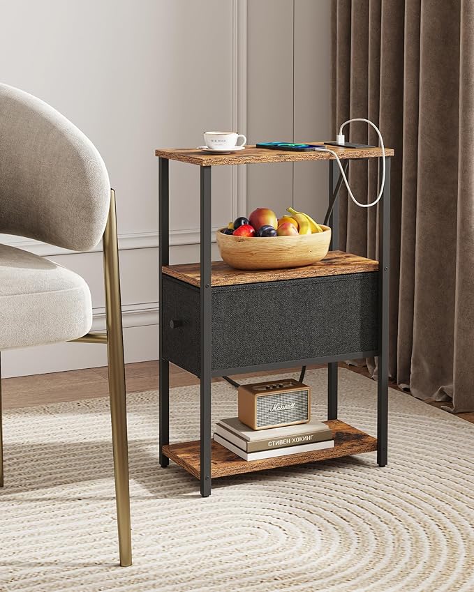 TUTOTAK Small Narrow End Table with Charging Station, Set of 2, Side Table with Outlets, Nightstand with Cloth Drawer, Couch Table, for Living Room, Bedroom, Bedside, Brown and Black TB01BB058K