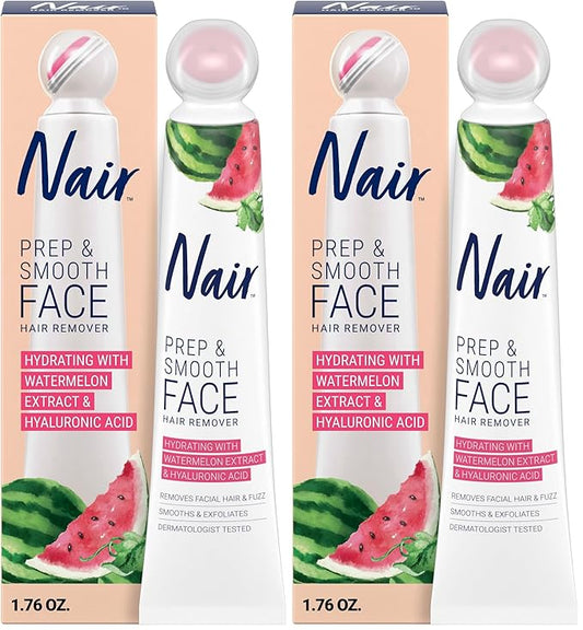 NAIR プレップ＆スムース フェイス用除毛クリーム 女性用 - ヒアルロン酸配合でなめらかな肌へ、効果的な脱毛、1.76オンス、（2個パック）