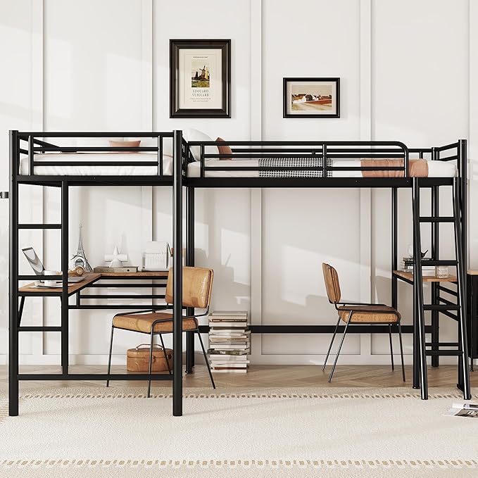 MERITLINE Metal L-Shaped Loft Bed for Two Kids Twin Size High Loft Bed Frame with Two Built-in Desks Underneath for Boys Teens, Black