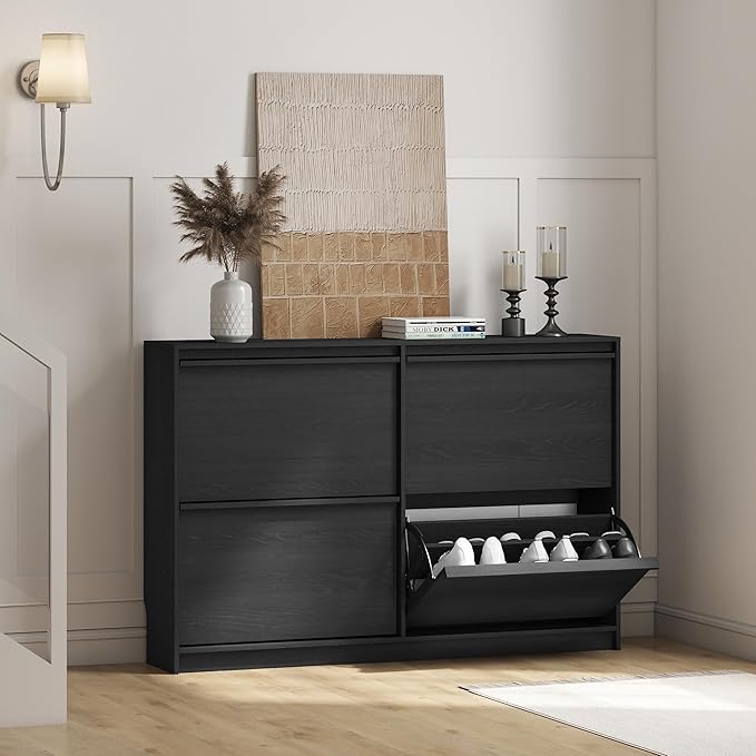 Shoe Storage Cabinet for Entryway with 4 Flip Drawers, Wooden Shoe Organizer Cabinet with Adjustable Shelf, Slim Freestanding Shoe Rack for Entryway, Hallway, Living Room, Black