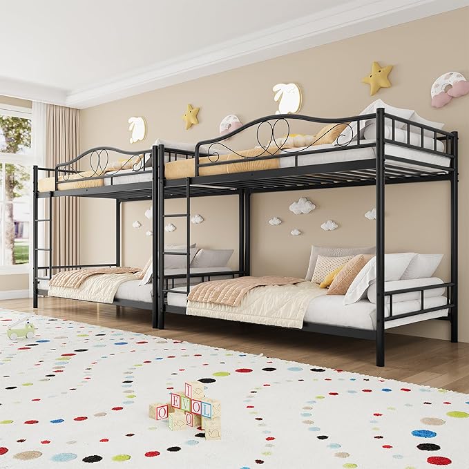 IDEALHOUSE Bunk Bed Twin Over Twin with Ladder & Full Safety Guardrail, Heavy Duty Metal Twin Over Twin Bunk Bed 400 Lbs Load Capacity, Space-Saving, Noise Free, No Box Spring Needed, Easy Assembly, B