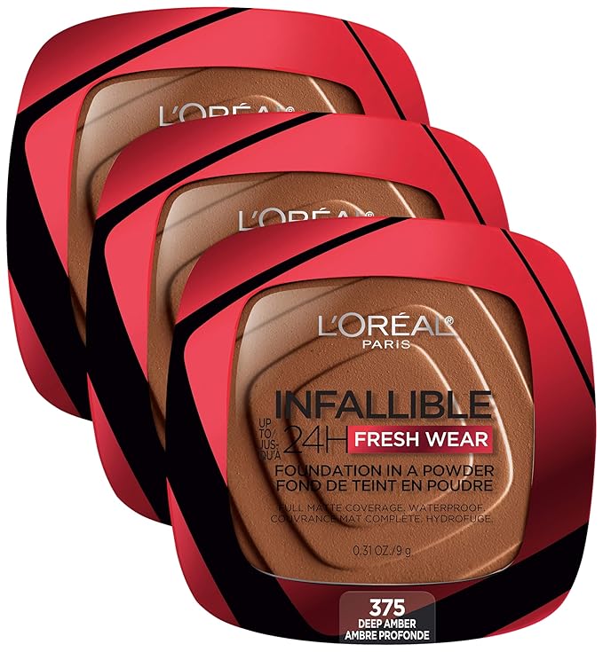 L'Oréal Paris Infallible Powder Foundation | 24 Hour Fresh Wear | Waterproof | Deep Amber | Pack of 3