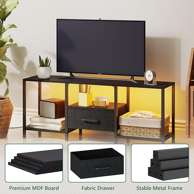 JARHETUN TV Stand with LED Lights, Entertainment Center with Open Shelves and Fabric Drawer, Media Console for 55 Inch TV, Television Stands for Living Room, Bedroom, Black