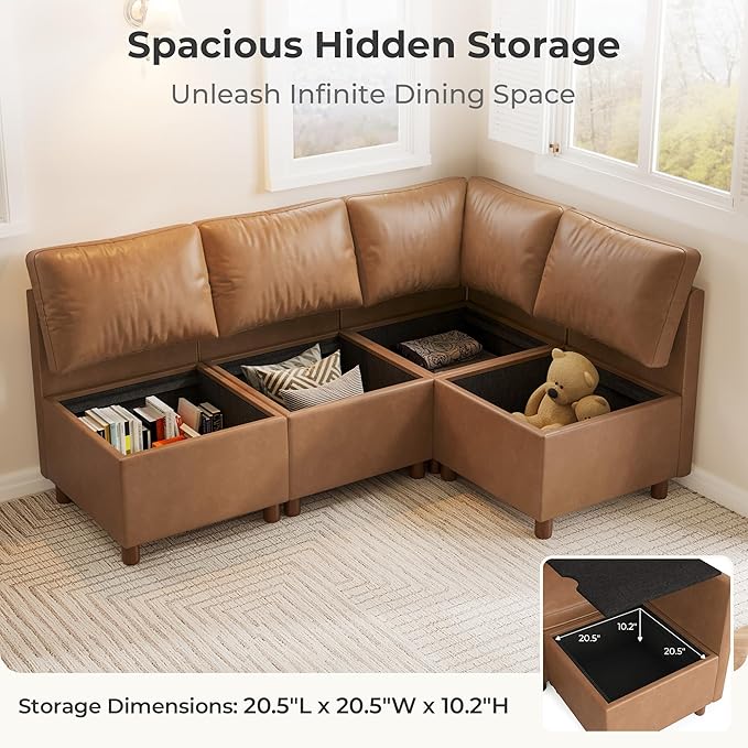 SITJOY Breakfast Nook Bench with Storage, Modular Corner Kitchen Banquette Seating, Dining Settee Couch, Upholstered Dining Bench with Back, Pet-Friendly Faux Leather in Brown, 4-Seat L Shaped Nook