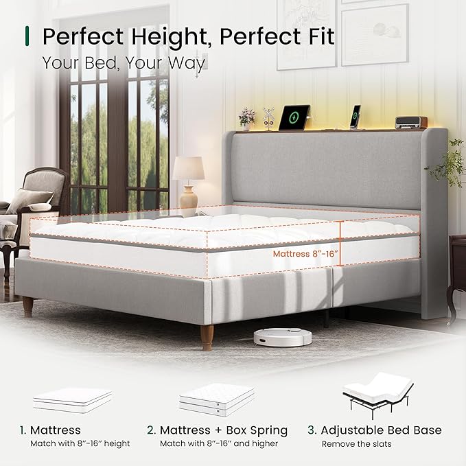 LARMACE Queen Size Bed Frame with LED Lights and Charging Station Linen Upholstered Platform Bed Frame with 51.2" Tall Wingback Headboard and Storage Shelf, No Box Spring Needed, Easy Assembly, Grey