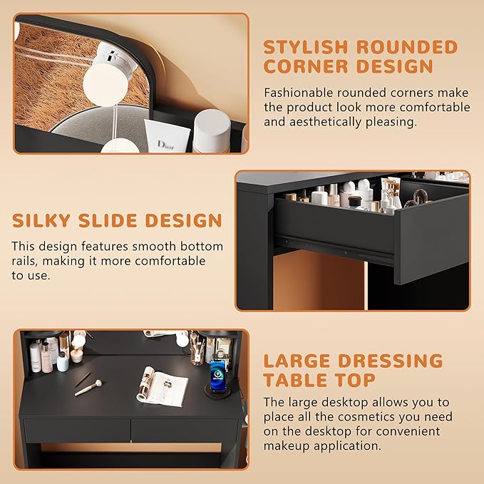 wanan Vanity Desk with Mirror and Lights 3 Colors, Girls Vanity Set with Power Outlet, Compact Vanity Table for Small Space, Black Vanity Desk only