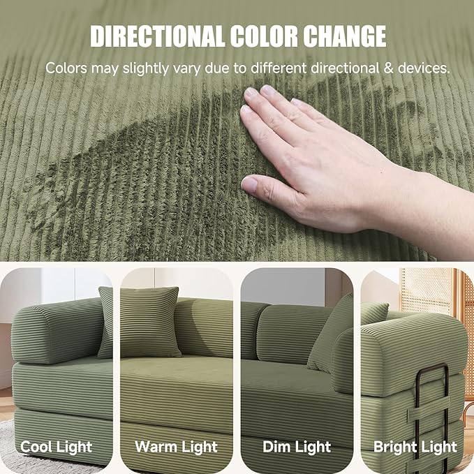 79" Compressed Sofa, Convertible Sofa Bed, Corduroy Compression Boneless Couch with Pillow, Comfy Modular Foldable Floor Sleeper Sofa for Bedroom, Living Room, Lounge, Studio (Light Green)