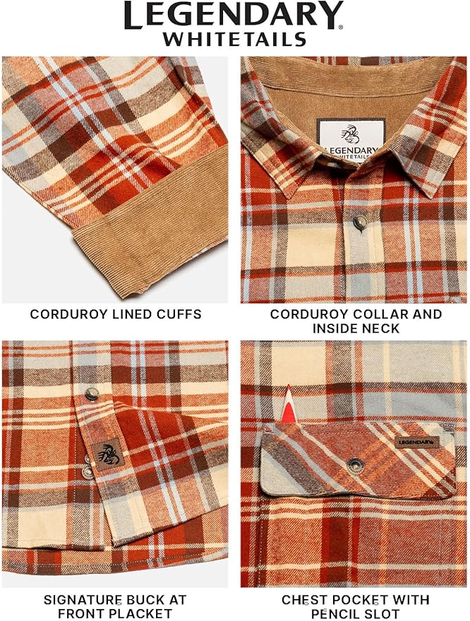 Legendary Whitetails Mens Long Sleeve Button Down 100% Cotton Flannel Shirt