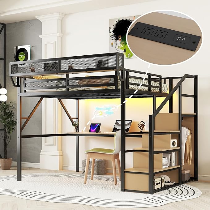 KEIKI Queen Size Metal Loft Bed Frame with Desk, Staircase, Built-in Storage Shelves and Wardrobe, Modern Loft Bed with Solid Slat, Guardrail, No Box Spring Required, Easy Assembly, for Bedroom, Black